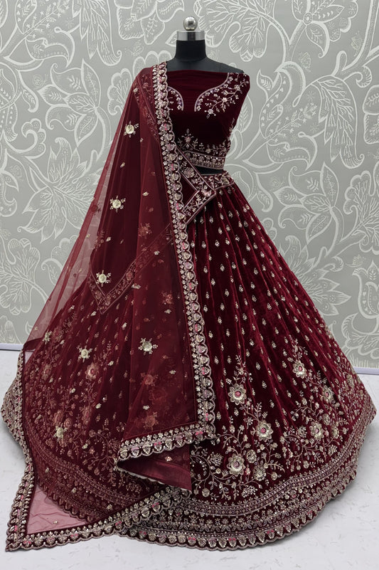 Maroon Velvet Designer Lehenga Choli with Double Dupatta & Zircon Work