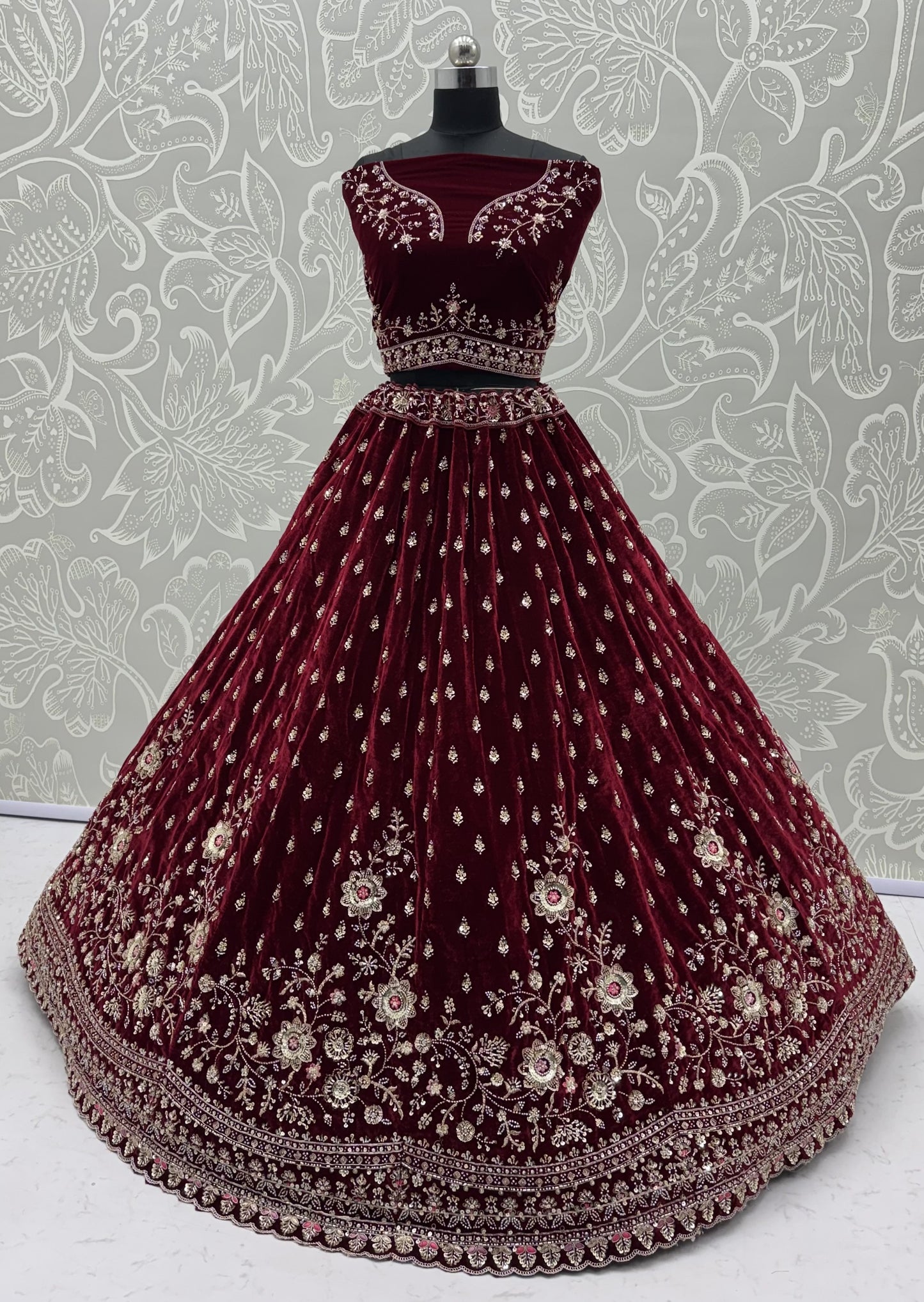 Maroon Velvet Designer Lehenga Choli with Double Dupatta & Zircon Work