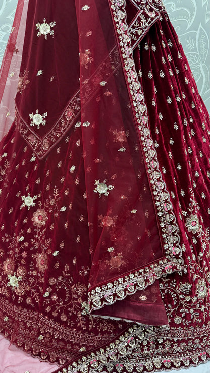 Maroon Velvet Designer Lehenga Choli with Double Dupatta & Zircon Work
