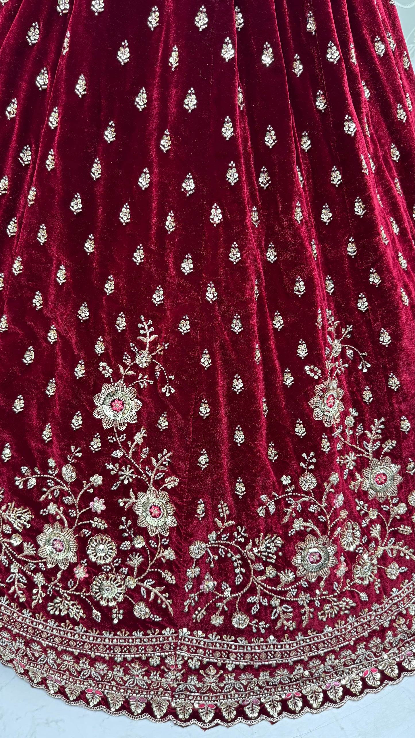 Maroon Velvet Designer Lehenga Choli with Double Dupatta & Zircon Work