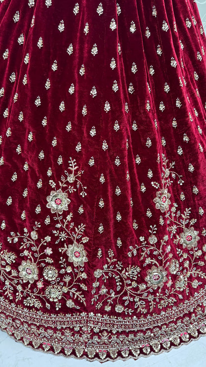 Maroon Velvet Designer Lehenga Choli with Double Dupatta & Zircon Work