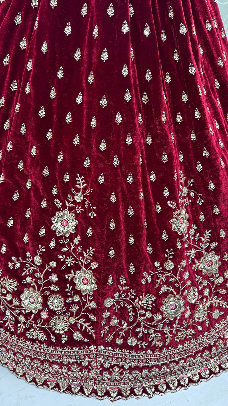 Maroon Velvet Designer Lehenga Choli with Double Dupatta & Zircon Work