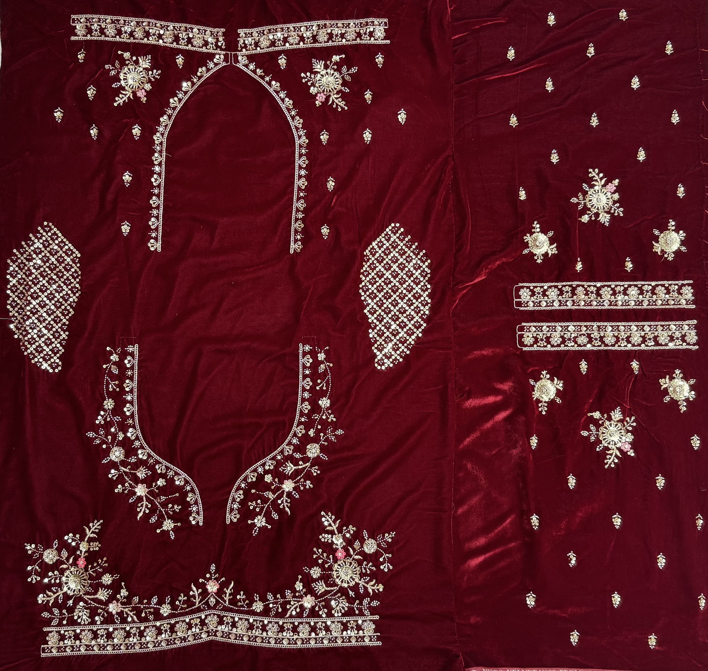 Maroon Velvet Designer Lehenga Choli with Double Dupatta & Zircon Work