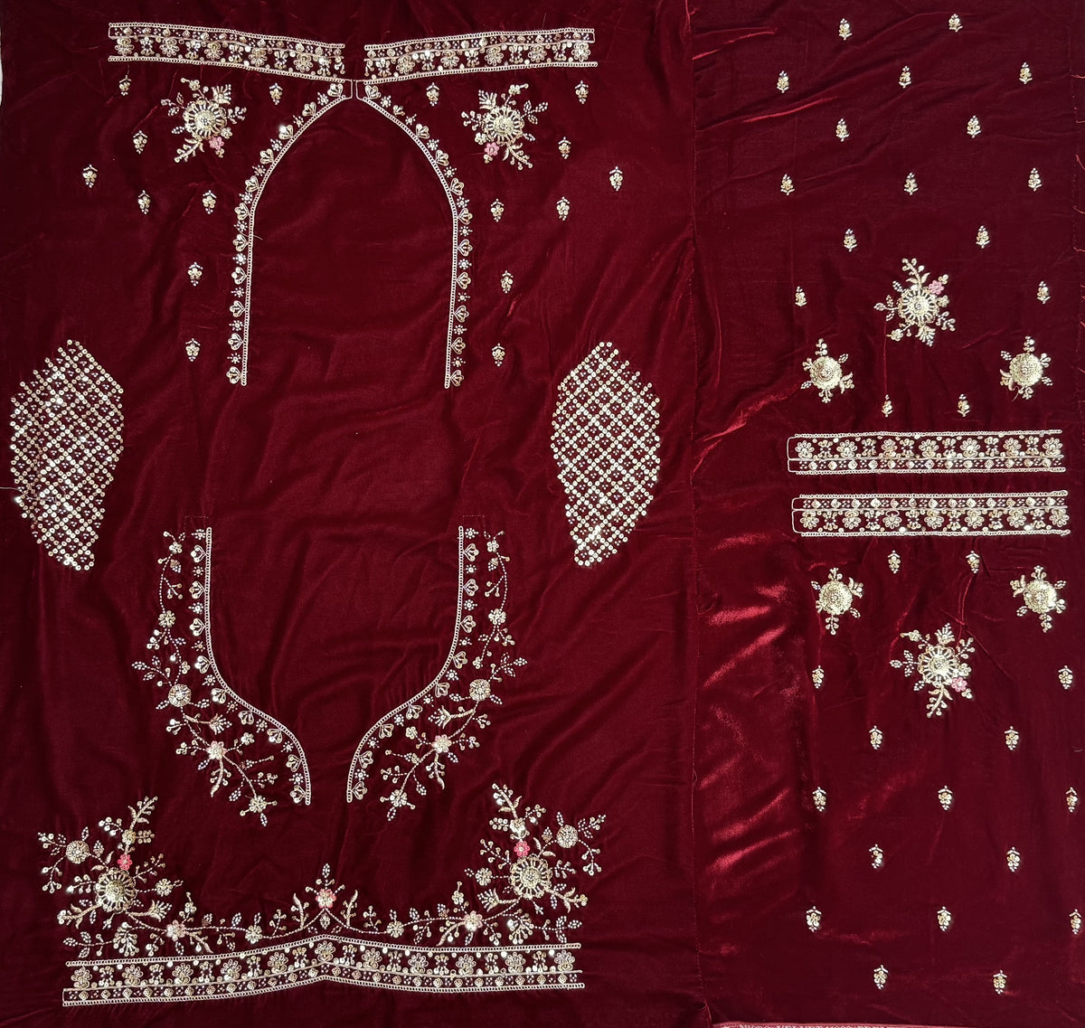 Maroon Velvet Designer Lehenga Choli with Double Dupatta & Zircon Work