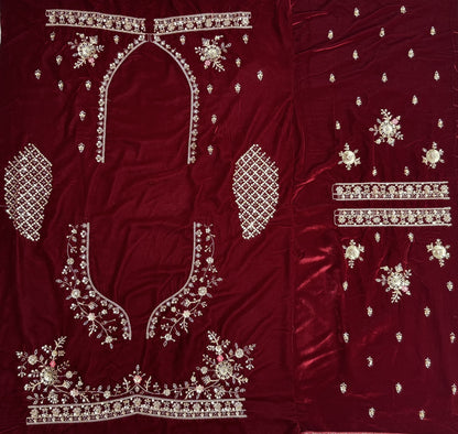 Maroon Velvet Designer Lehenga Choli with Double Dupatta & Zircon Work