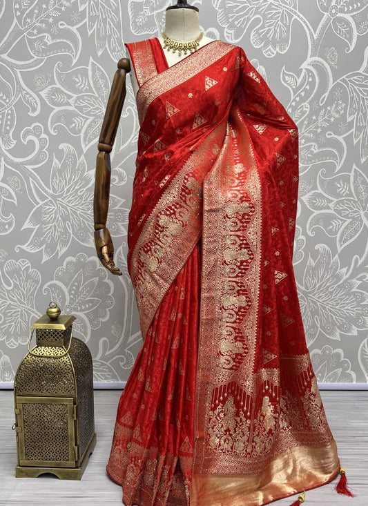 Red Shining Silk Weaving in mettalic Zari Silk Saree With Blouse