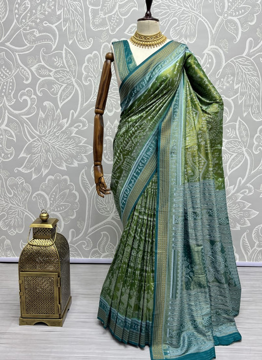 Pure base fabric handcrafted designer silk saree Green-Blue