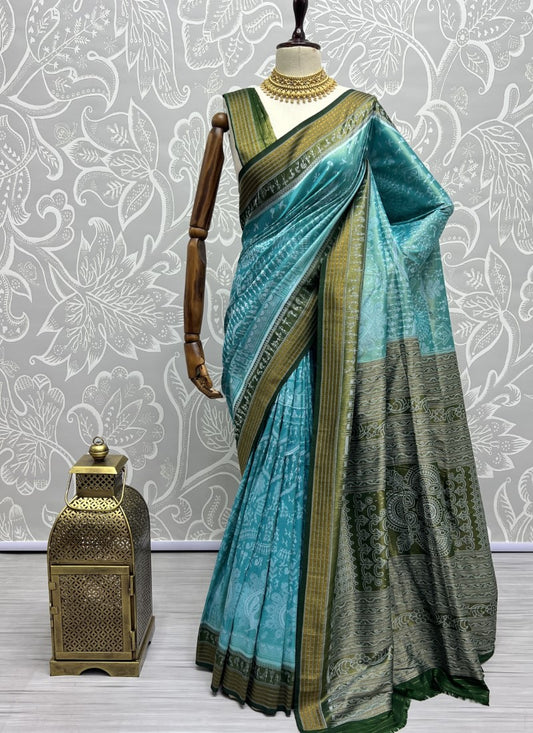 Pure base fabric handcrafted designer silk saree Blue Green