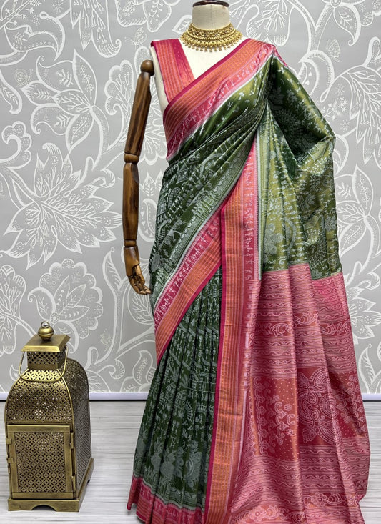 Pure base fabric handcrafted designer silk saree Green Pink