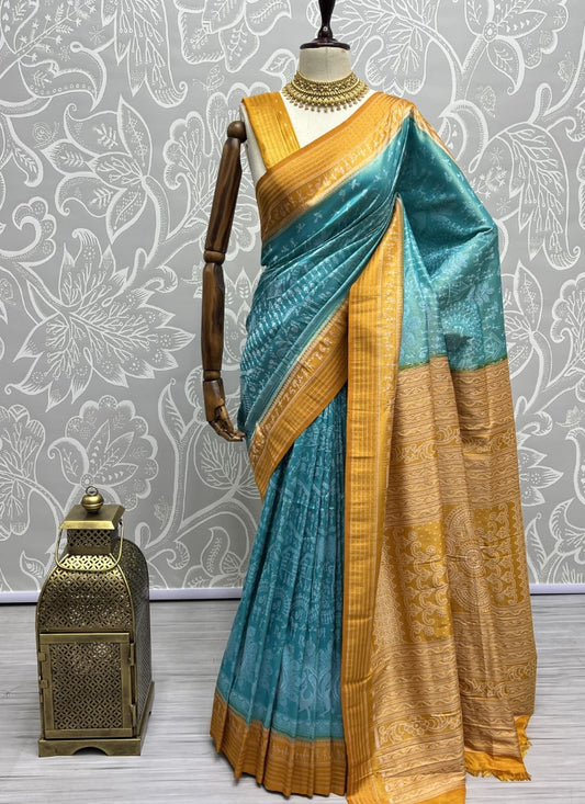 Pure base fabric handcrafted designer silk saree Sky Blue-Yellow