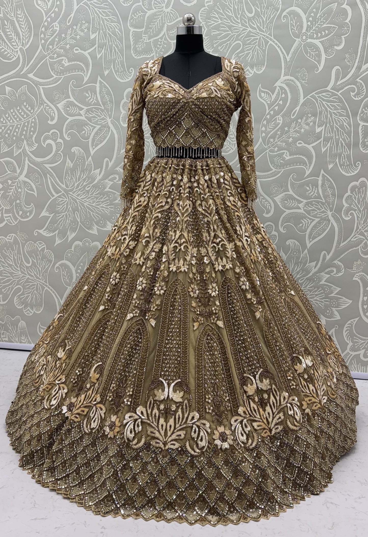 Champagne Gold Heavy Net Designer Lehenga Choli with Mirror, Sequins & Beads Work