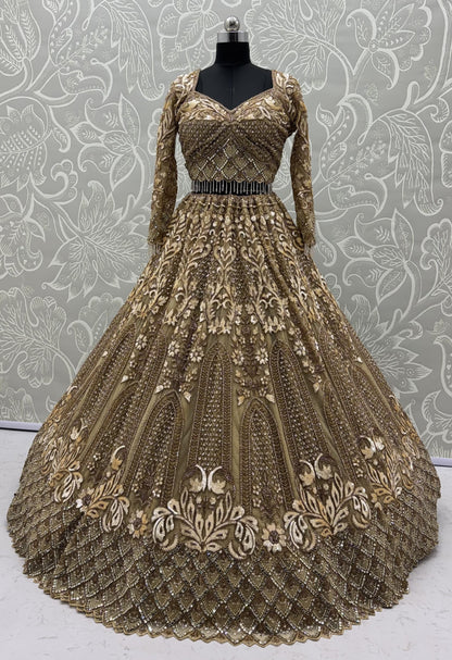 Champagne Gold Heavy Net Designer Lehenga Choli with Mirror, Sequins & Beads Work