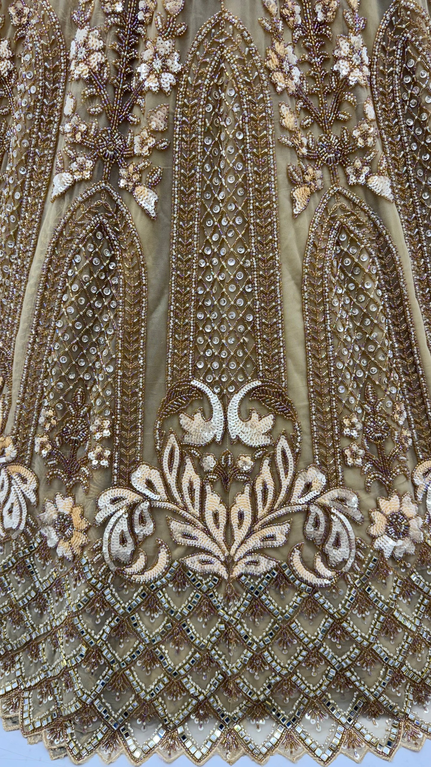 Champagne Gold Heavy Net Designer Lehenga Choli with Mirror, Sequins & Beads Work