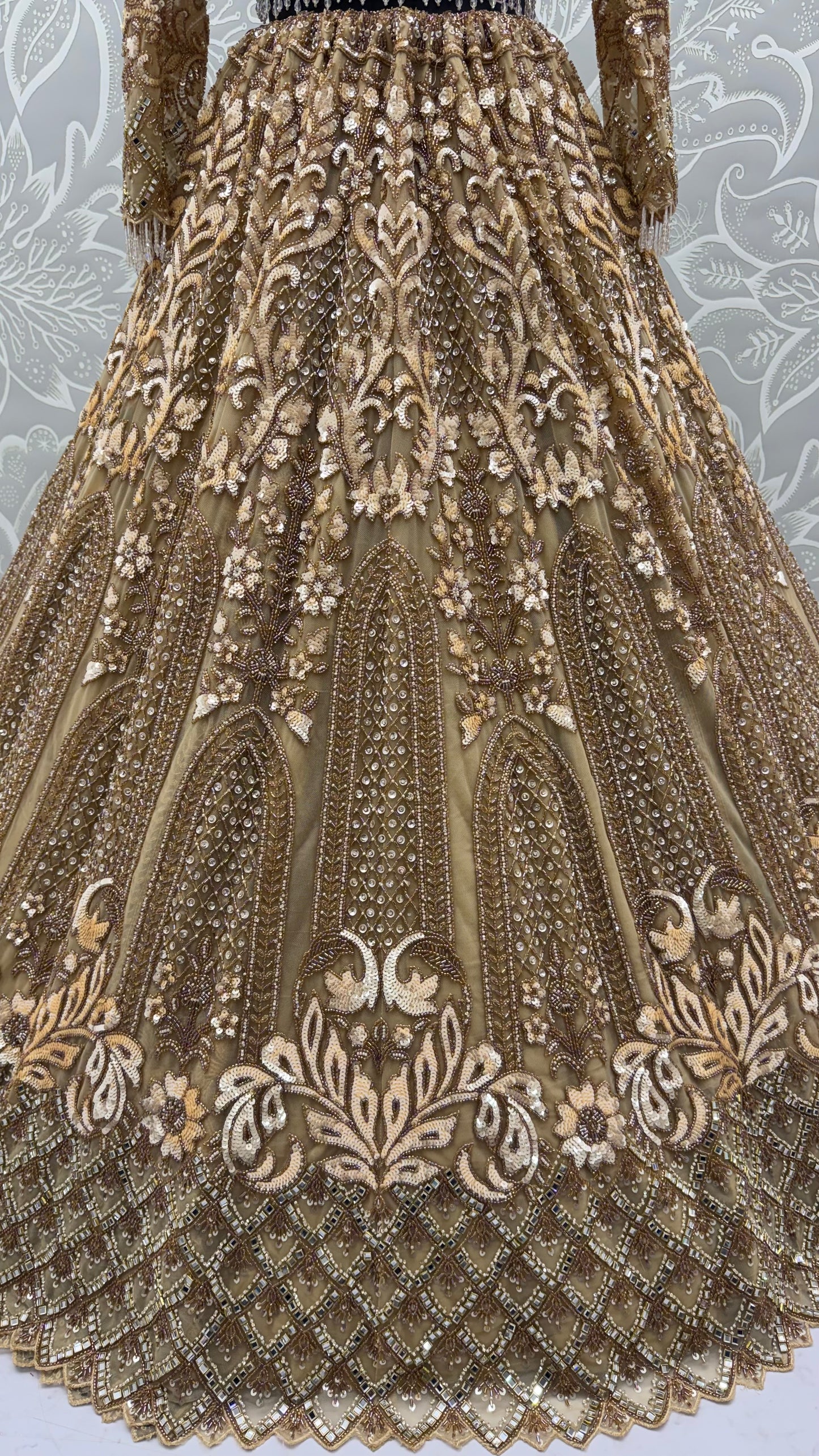 Champagne Gold Heavy Net Designer Lehenga Choli with Mirror, Sequins & Beads Work