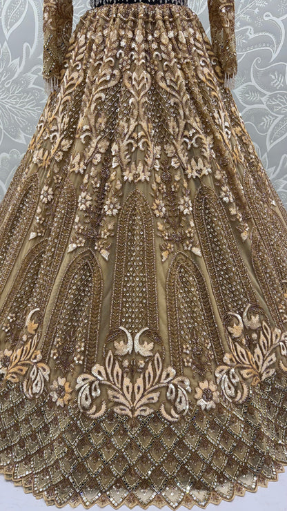 Champagne Gold Heavy Net Designer Lehenga Choli with Mirror, Sequins & Beads Work
