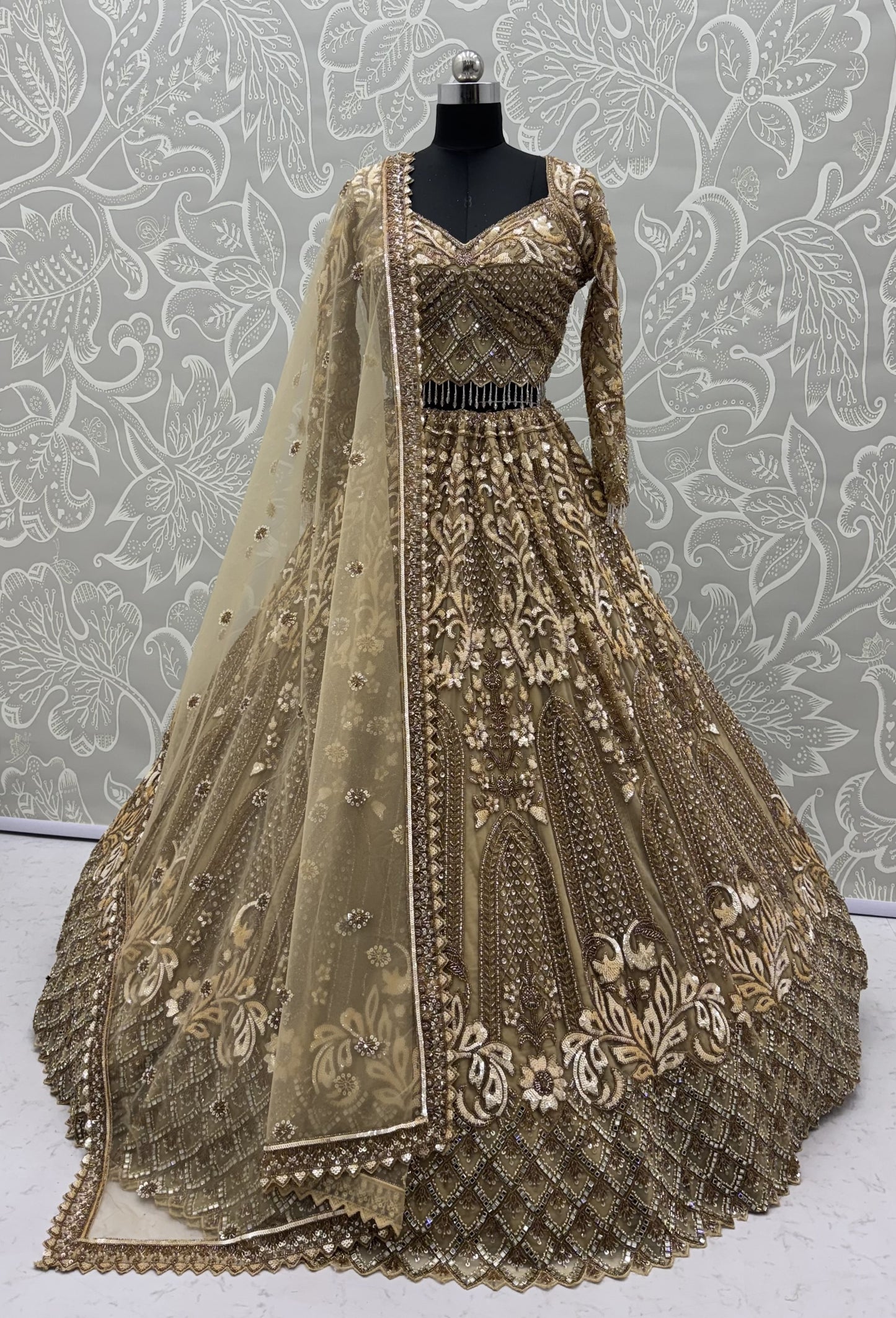 Champagne Gold Heavy Net Designer Lehenga Choli with Mirror, Sequins & Beads Work