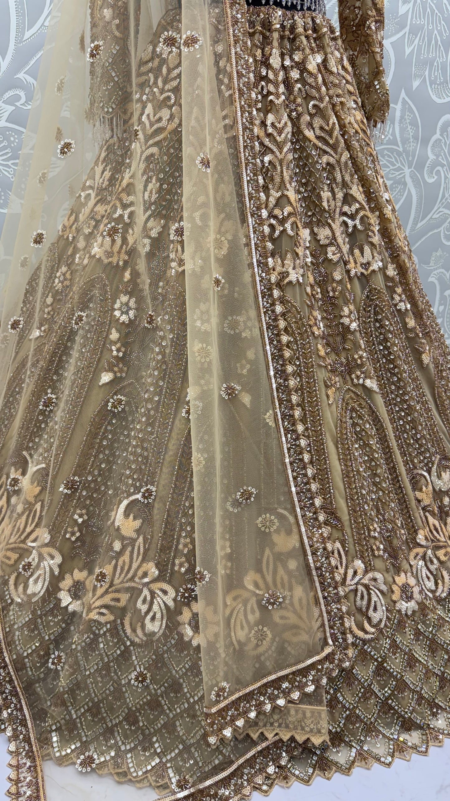 Champagne Gold Heavy Net Designer Lehenga Choli with Mirror, Sequins & Beads Work
