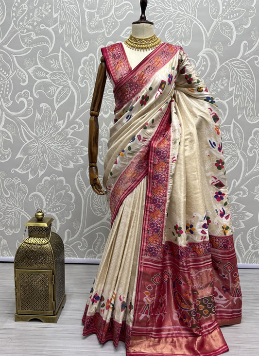 Perfect Cream Partywear Saree in various Patola Handmade