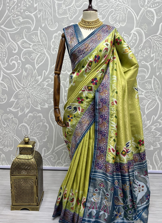 Perfect Yellowest Green Partywear Saree in various Patola Handmade