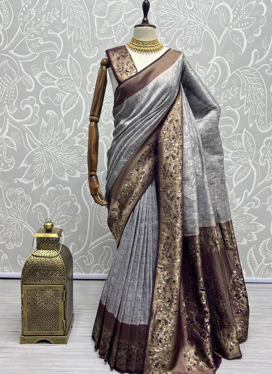 Grey Sober Flower Pattern smooth silk Wedding wear saree