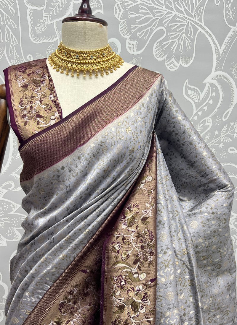 Grey Sober Flower Pattern smooth silk Wedding wear saree