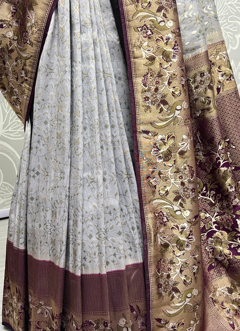 Grey Sober Flower Pattern smooth silk Wedding wear saree