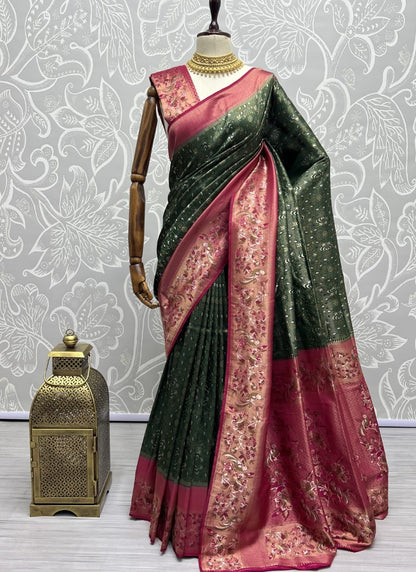 Green Sober Flower Pattern smooth silk Wedding wear saree