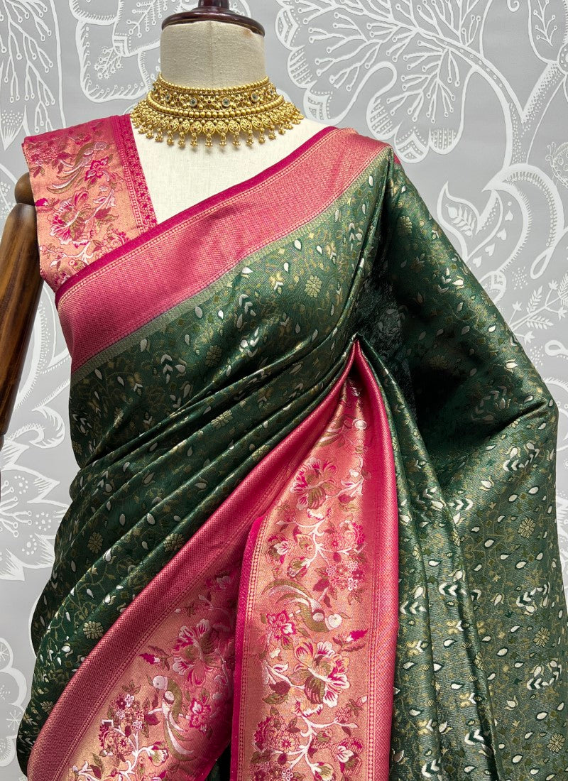 Green Sober Flower Pattern smooth silk Wedding wear saree