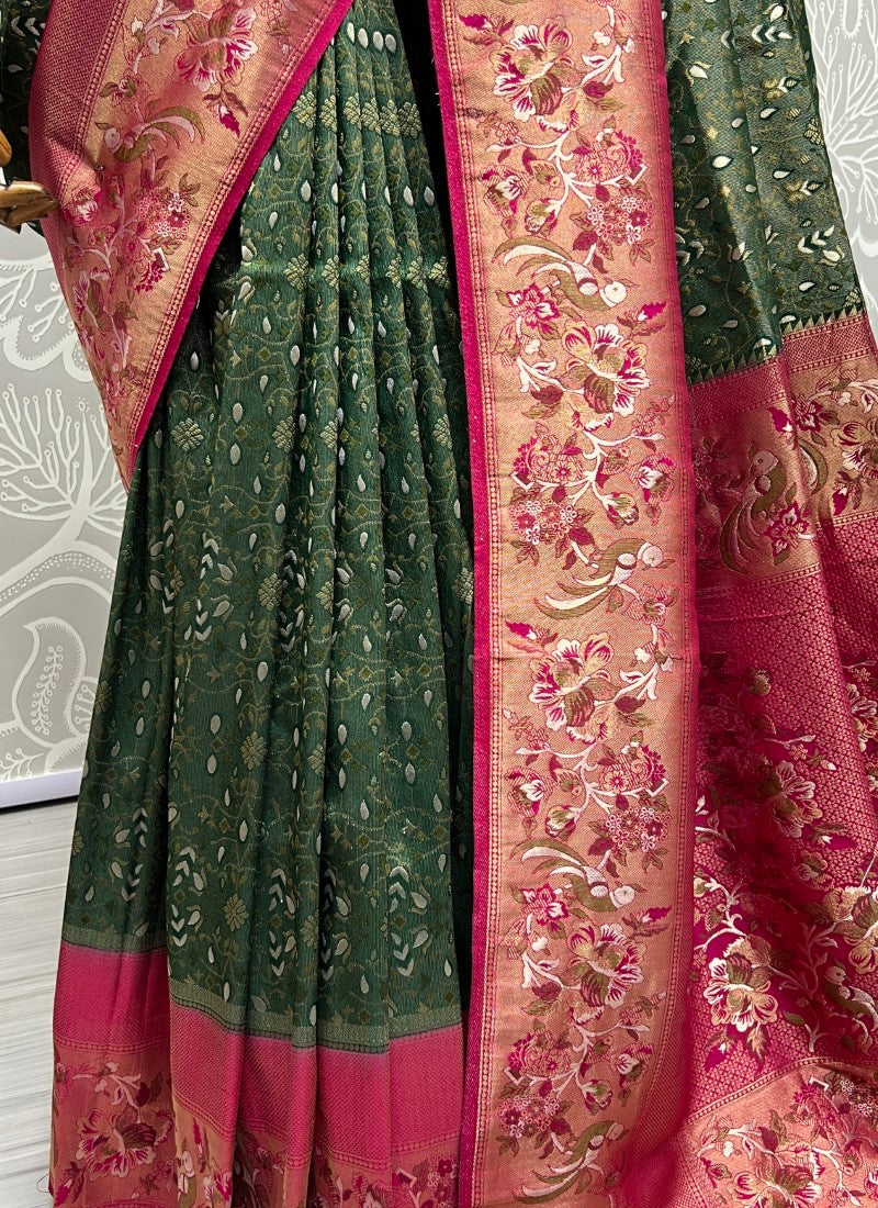 Green Sober Flower Pattern smooth silk Wedding wear saree