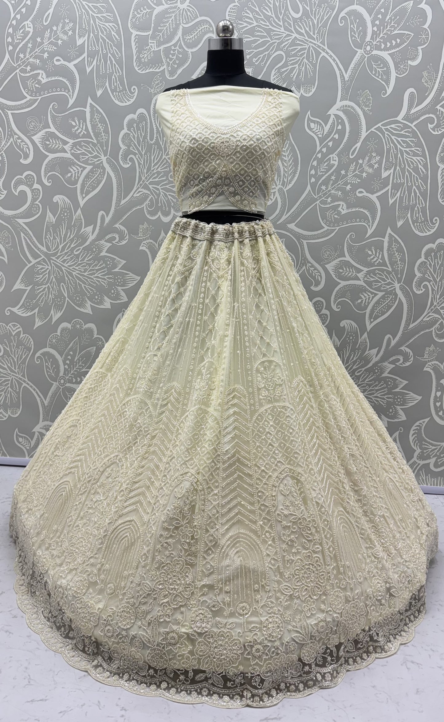 Ivory White Net Designer Lehenga Choli with Pearl & Sequins Embroidery