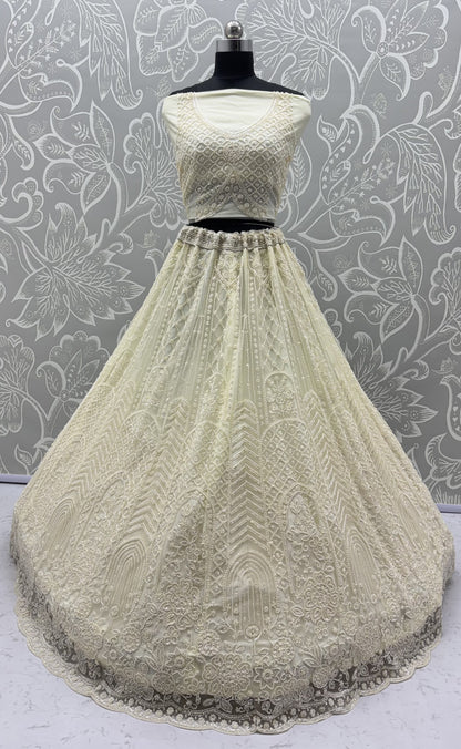 Ivory White Net Designer Lehenga Choli with Pearl & Sequins Embroidery