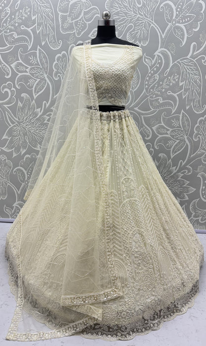 Ivory White Net Designer Lehenga Choli with Pearl & Sequins Embroidery