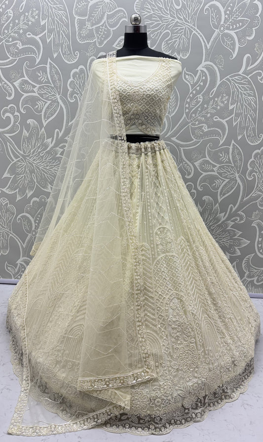 Ivory White Net Designer Lehenga Choli with Pearl & Sequins Embroidery