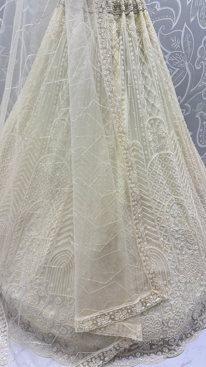 Ivory White Net Designer Lehenga Choli with Pearl & Sequins Embroidery