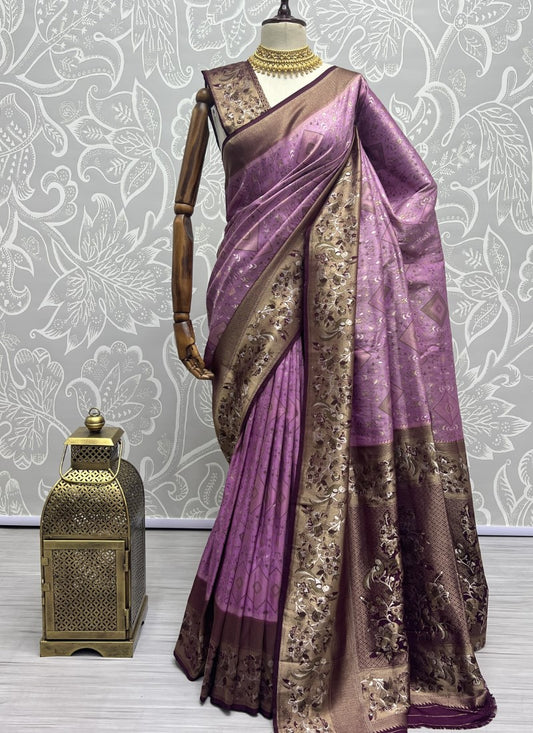Purple Sober Flower Pattern smooth silk Wedding wear saree