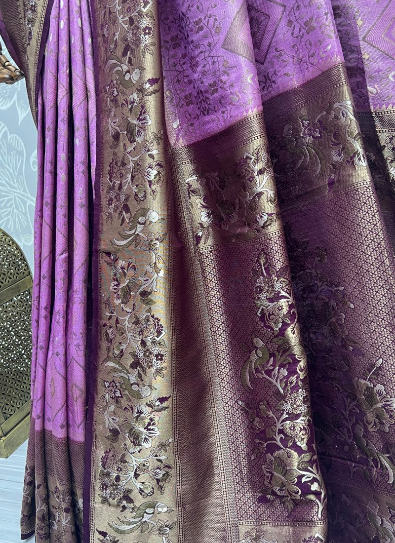 Purple Sober Flower Pattern smooth silk Wedding wear saree