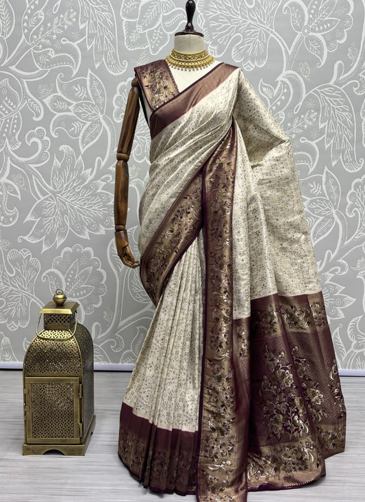 White Sober Flower Pattern smooth silk Wedding wear saree