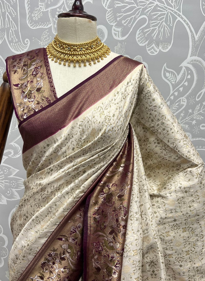 White Sober Flower Pattern smooth silk Wedding wear saree