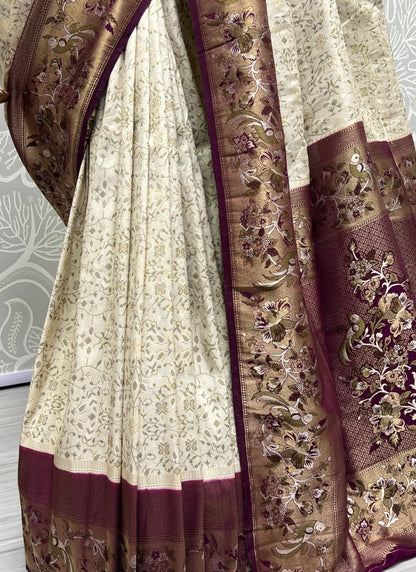 White Sober Flower Pattern smooth silk Wedding wear saree