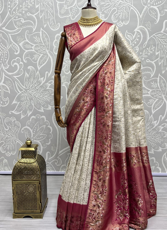 White Sober Flower Pattern smooth silk Wedding wear saree