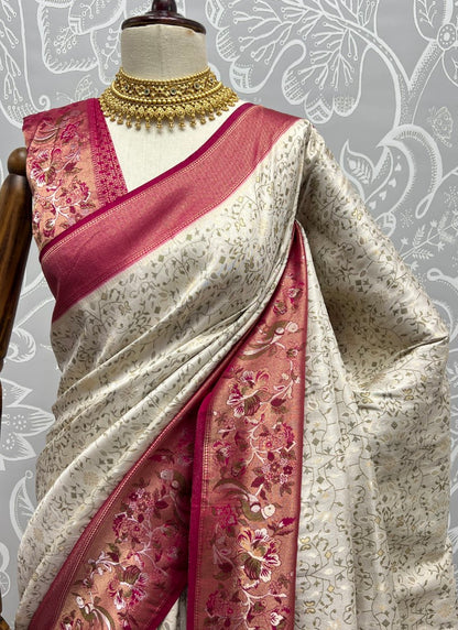 White Sober Flower Pattern smooth silk Wedding wear saree