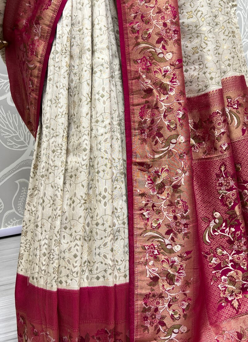 White Sober Flower Pattern smooth silk Wedding wear saree