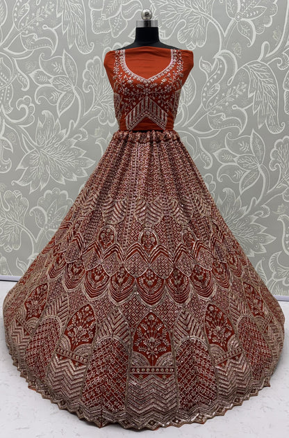 Rust Orange Net Party Wear Lehenga Choli with Crystal Motif & Sequins Work
