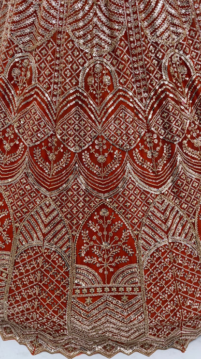 Rust Orange Net Party Wear Lehenga Choli with Crystal Motif & Sequins Work