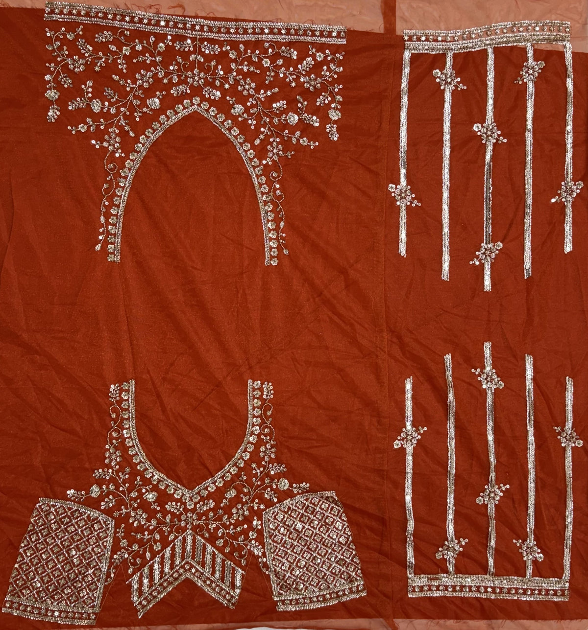 Rust Orange Net Party Wear Lehenga Choli with Crystal Motif & Sequins Work