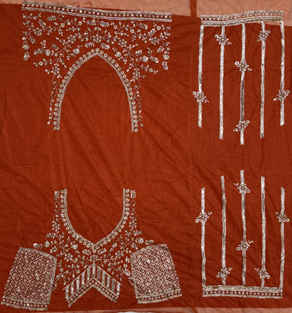 Rust Orange Net Party Wear Lehenga Choli with Crystal Motif & Sequins Work