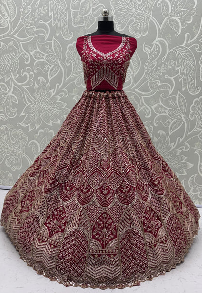 Wine Red Net Party Wear Lehenga Choli with Crystal Motif & Sequins Work