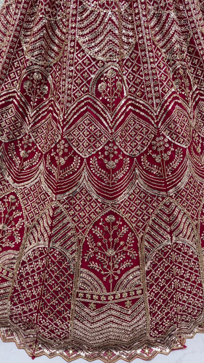 Wine Red Net Party Wear Lehenga Choli with Crystal Motif & Sequins Work