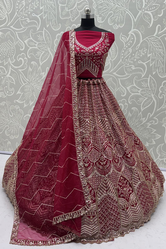 Wine Red Net Party Wear Lehenga Choli with Crystal Motif & Sequins Work