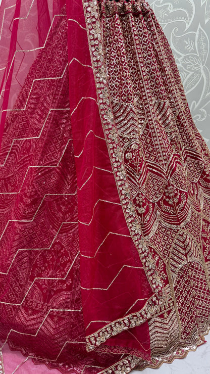 Wine Red Net Party Wear Lehenga Choli with Crystal Motif & Sequins Work